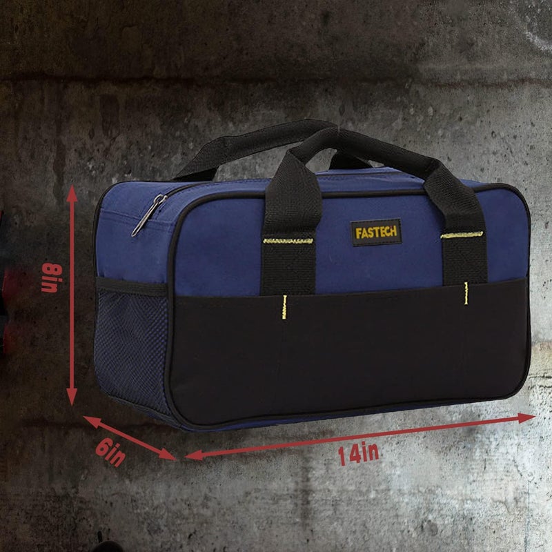 FSATECH 14 Inch Small Tool Tote Bag, Wide Mouth Tool Tote Bag, Waterproof Tool Organizer Bag, Multi-Pockets Wide Mouth Tool Tote For Man/Woman (Blue) - Image 2